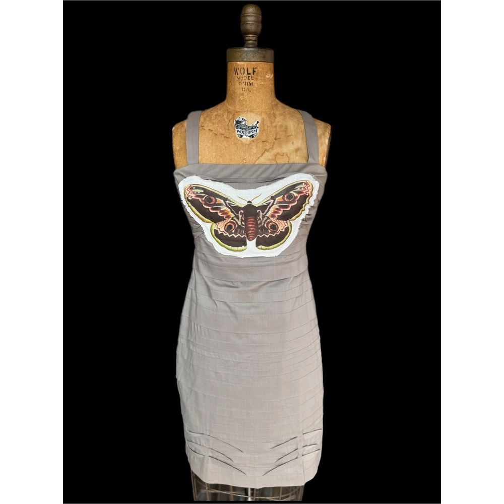 Upcycled BCBG Dress Moth Patch Bodycon Folk Art Whimsygoth Mini‎ Size 2